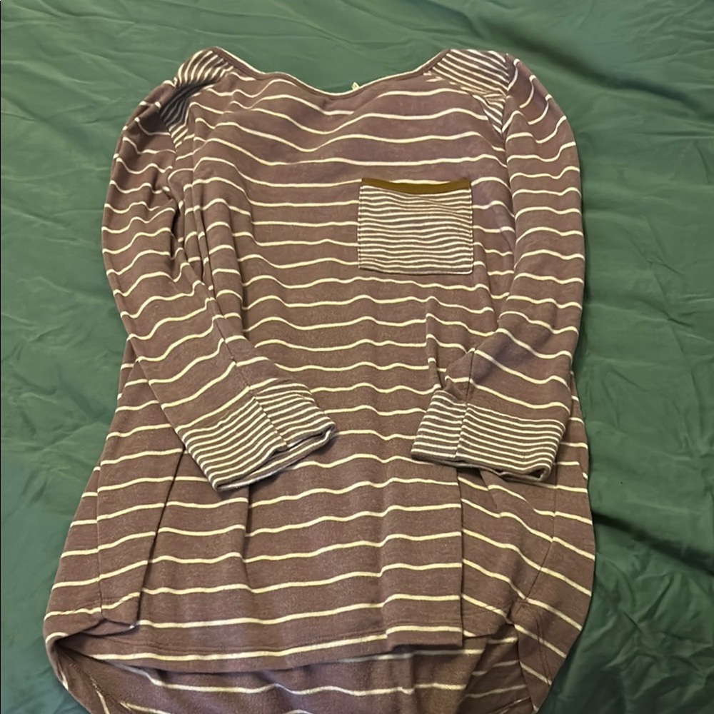 Pink Clover Tan and White Striped Long Sleeve Blouse